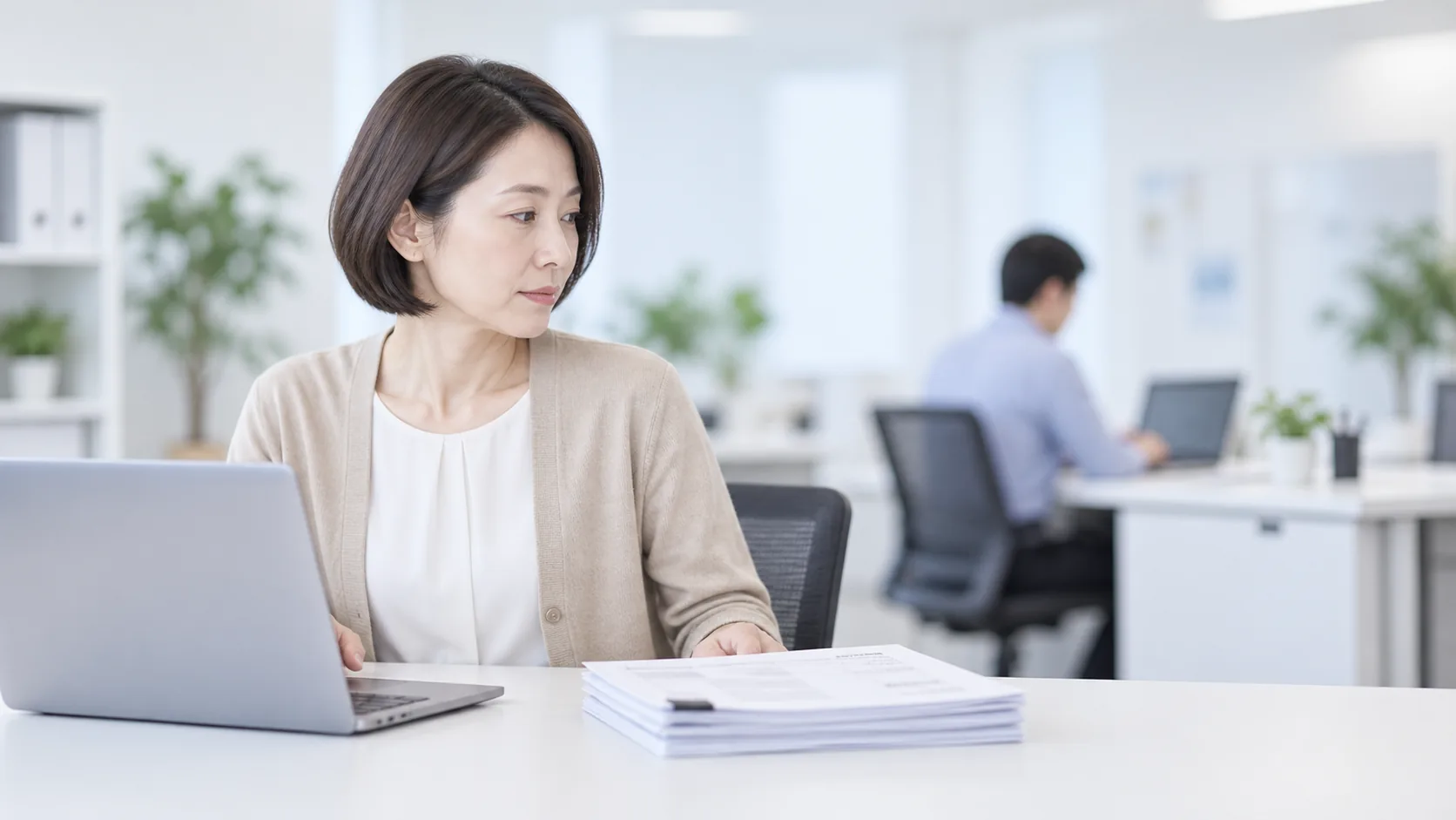 40代後半の日本人女性が自席での書類確認をしている場面