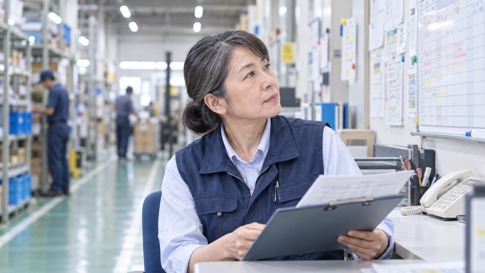 50代前半の日本人女性が工場事務所での予定確認をしている場面