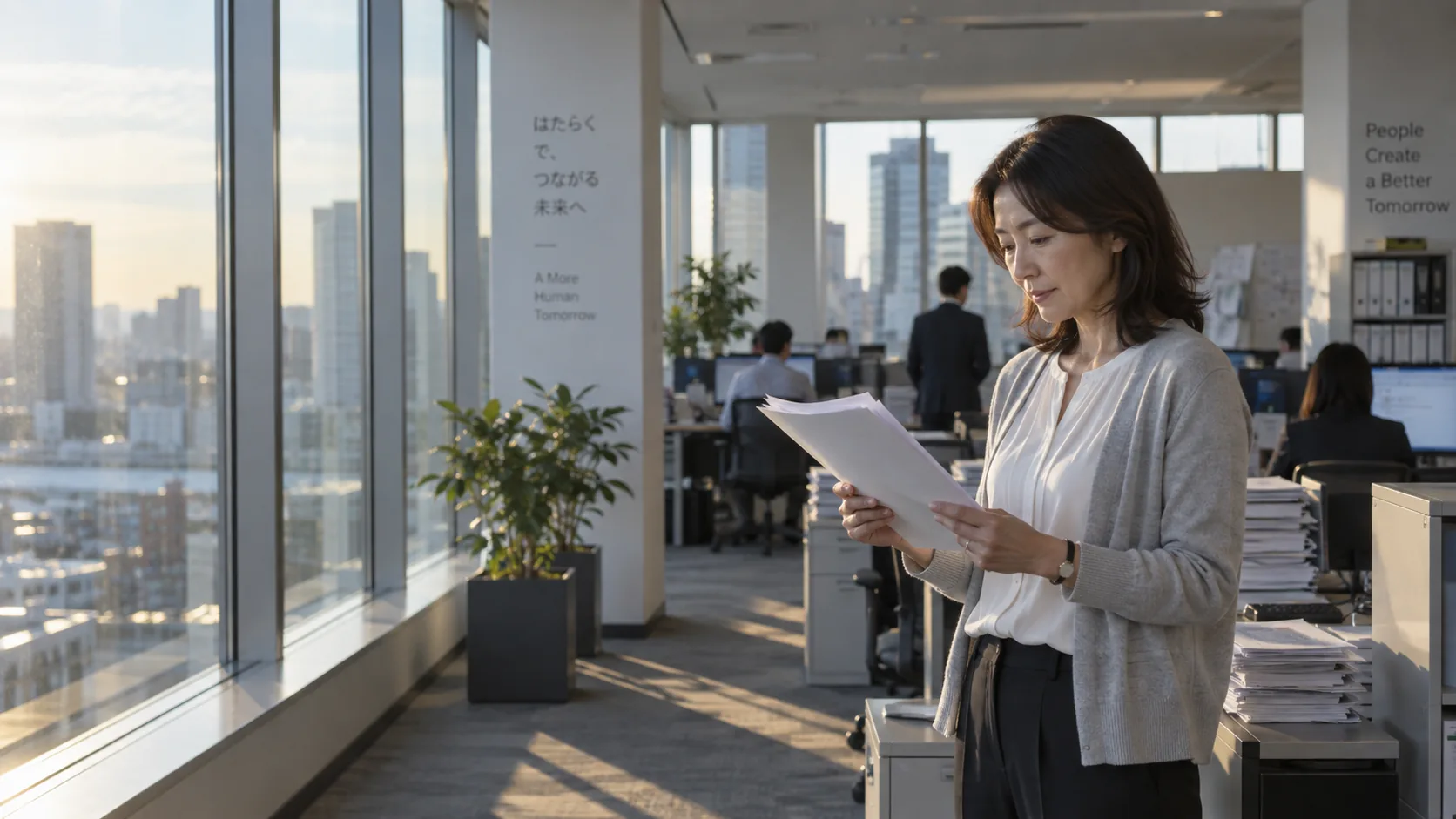 40代後半の日本人女性が窓際での書類確認をしている場面