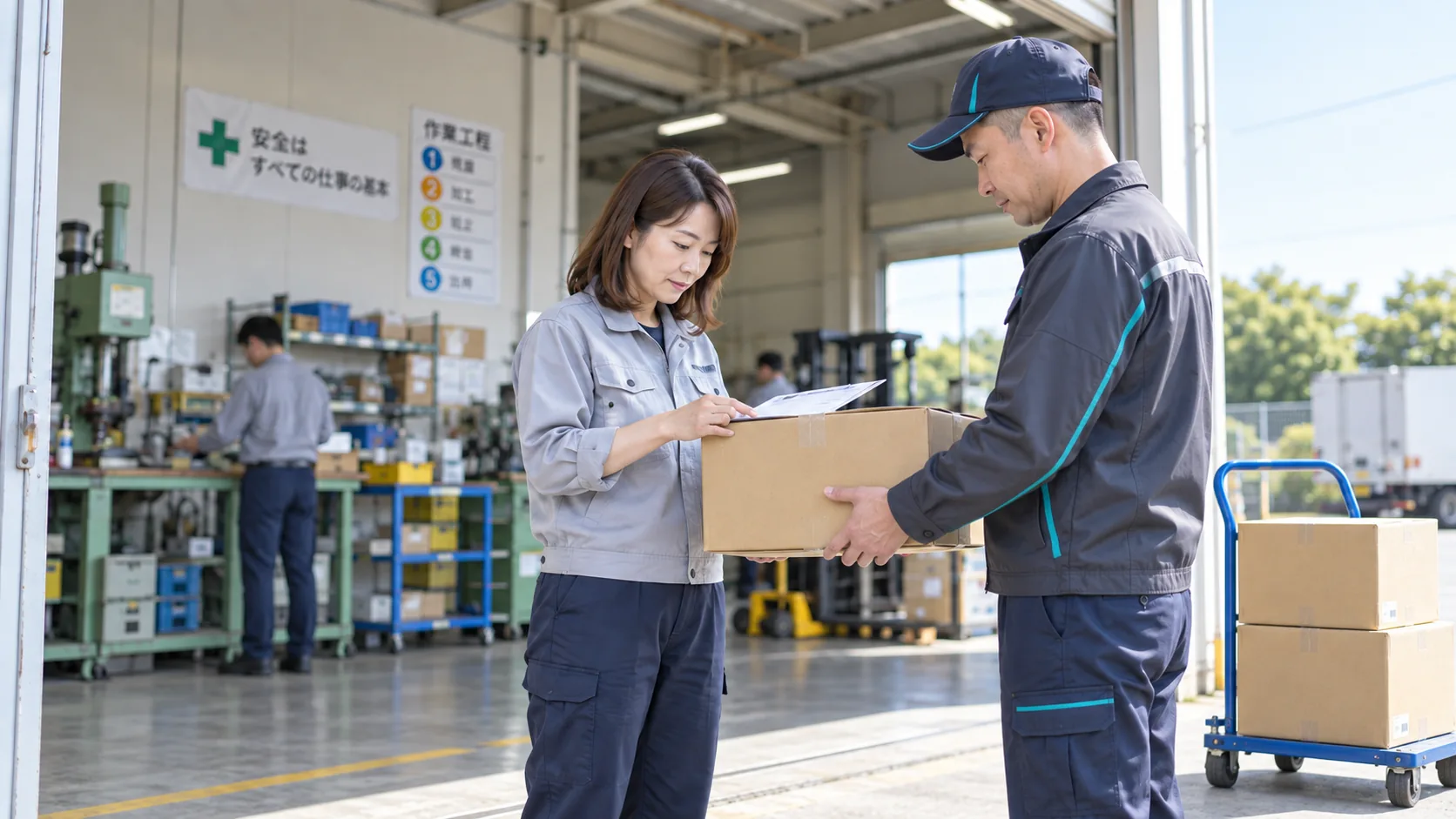 30代後半の日本人女性が町工場での納品受け取りをしている場面