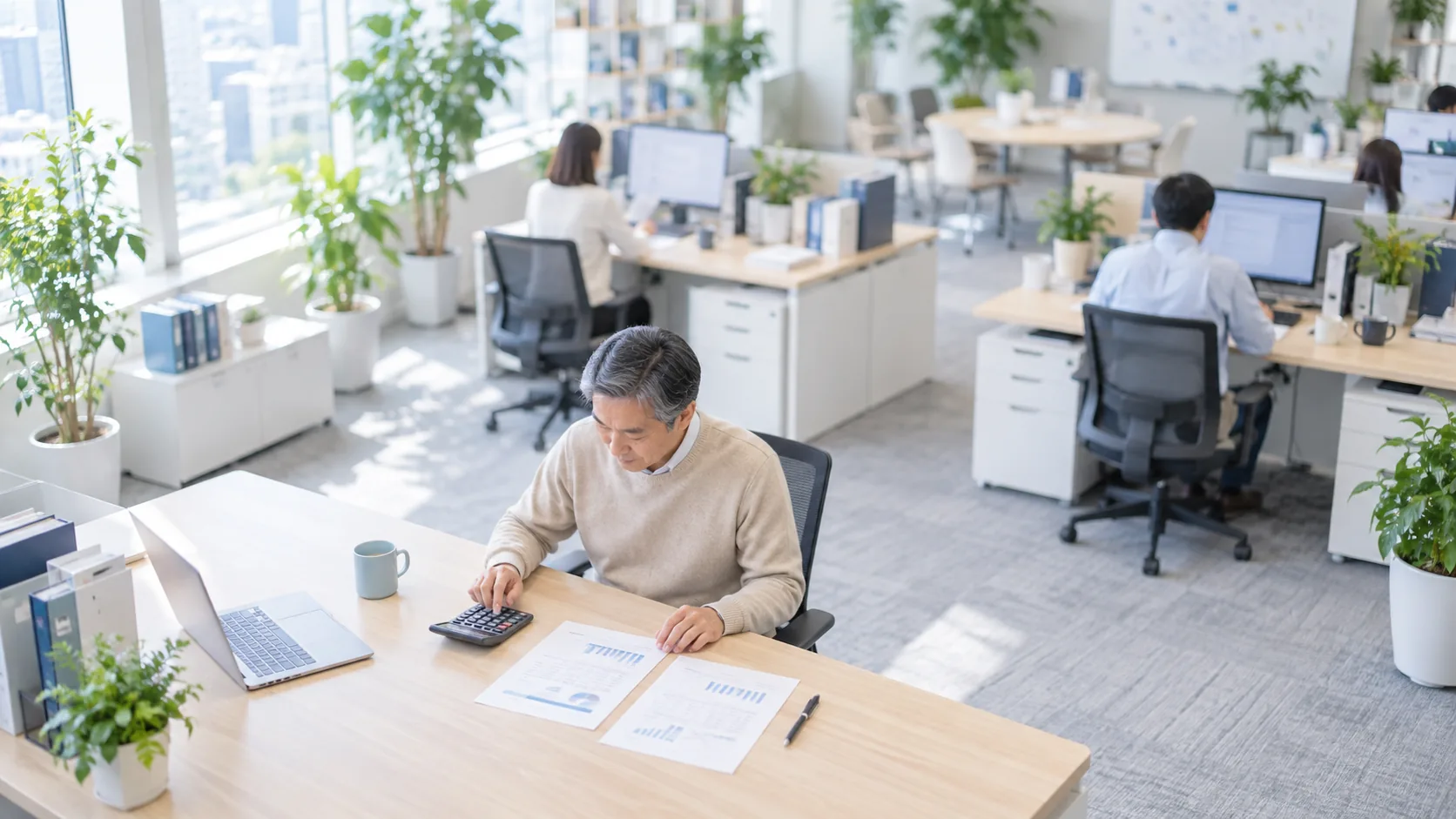 50代前半の日本人男性が電卓での入力をしている場面