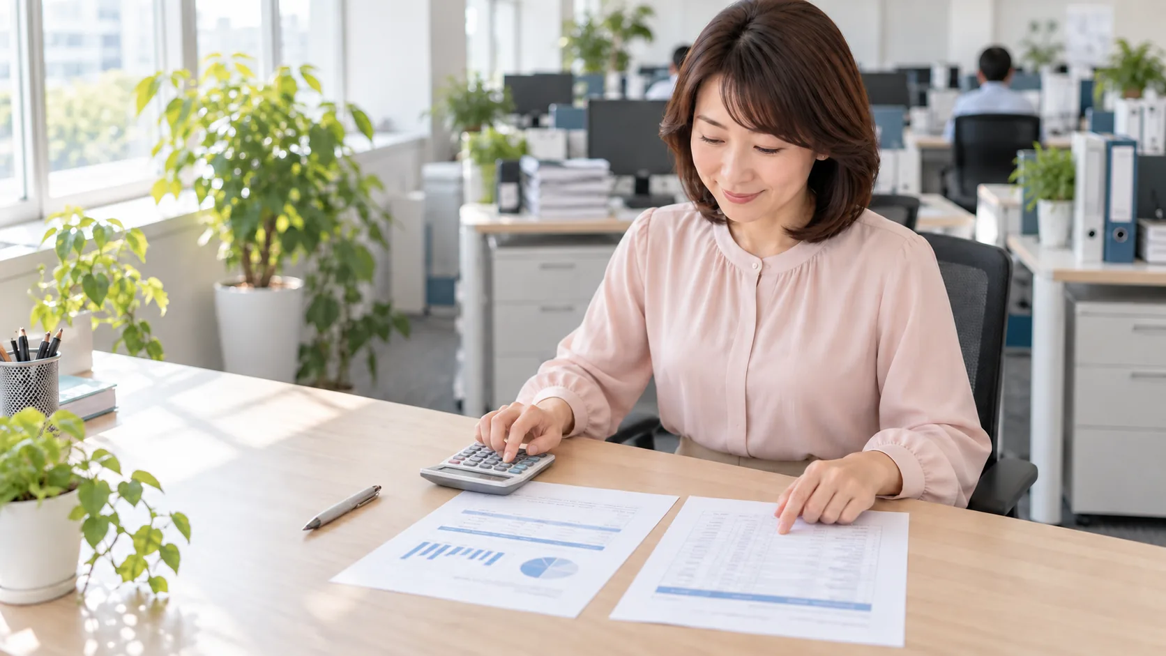 40代前半の日本人女性が電卓での入力をしている場面