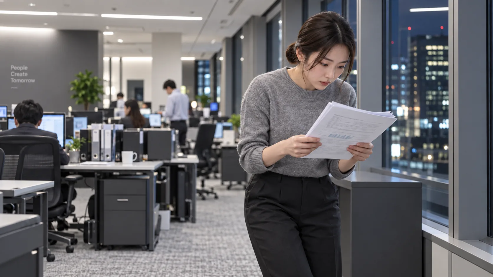 20代後半の日本人女性が窓際での書類確認をしている場面