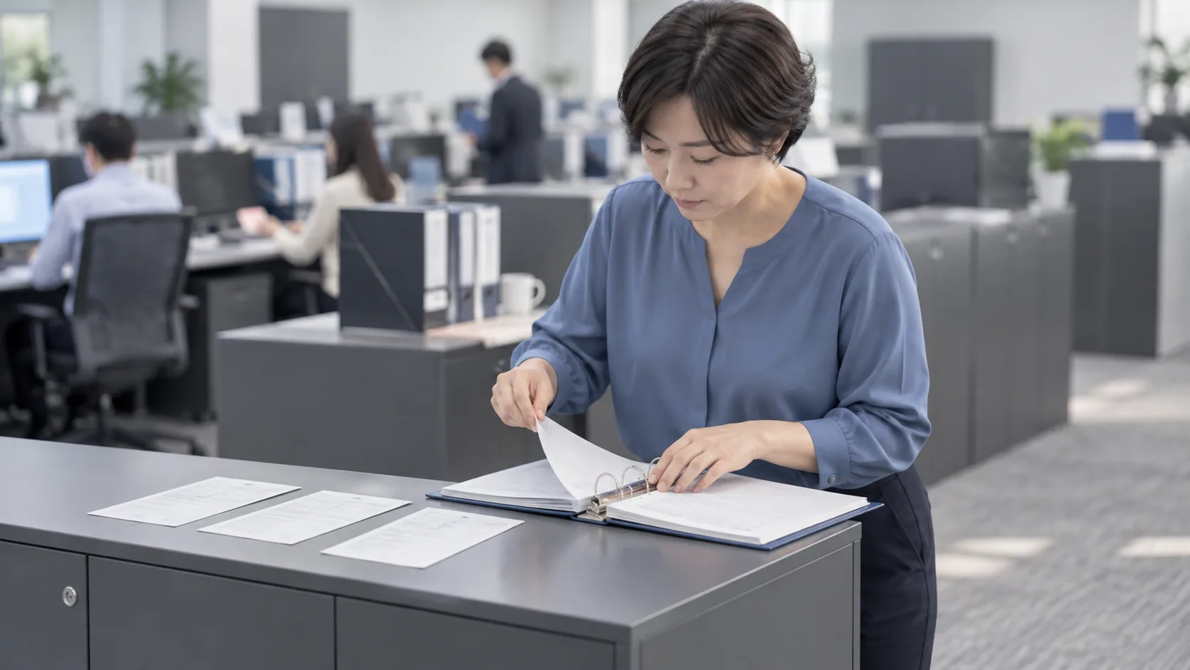 30代後半の日本人女性が発送控えのファイリングをしている場面