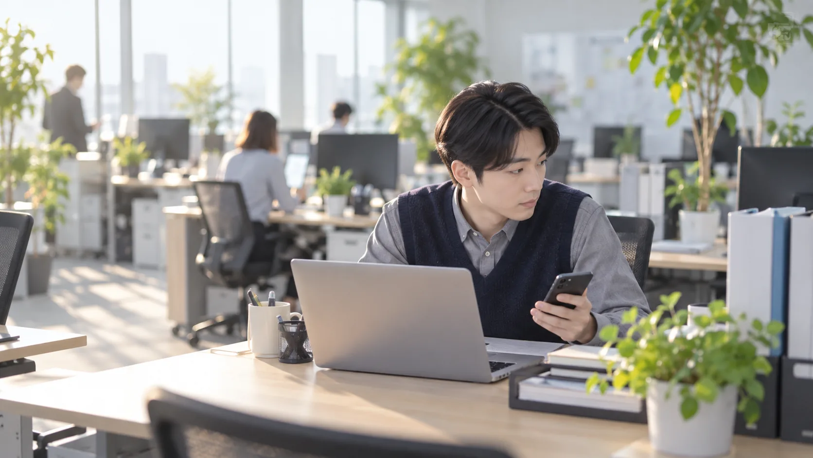 20代前半の日本人男性が自席でのスマートフォン併用をしている場面