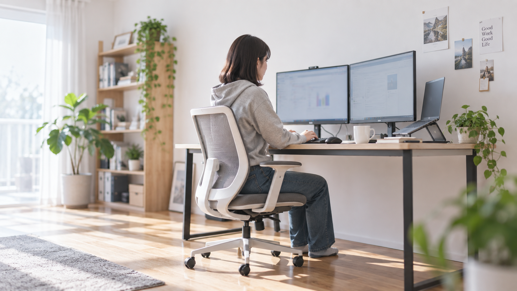 30代前半の日本人女性が在宅での複数モニター作業をしている場面