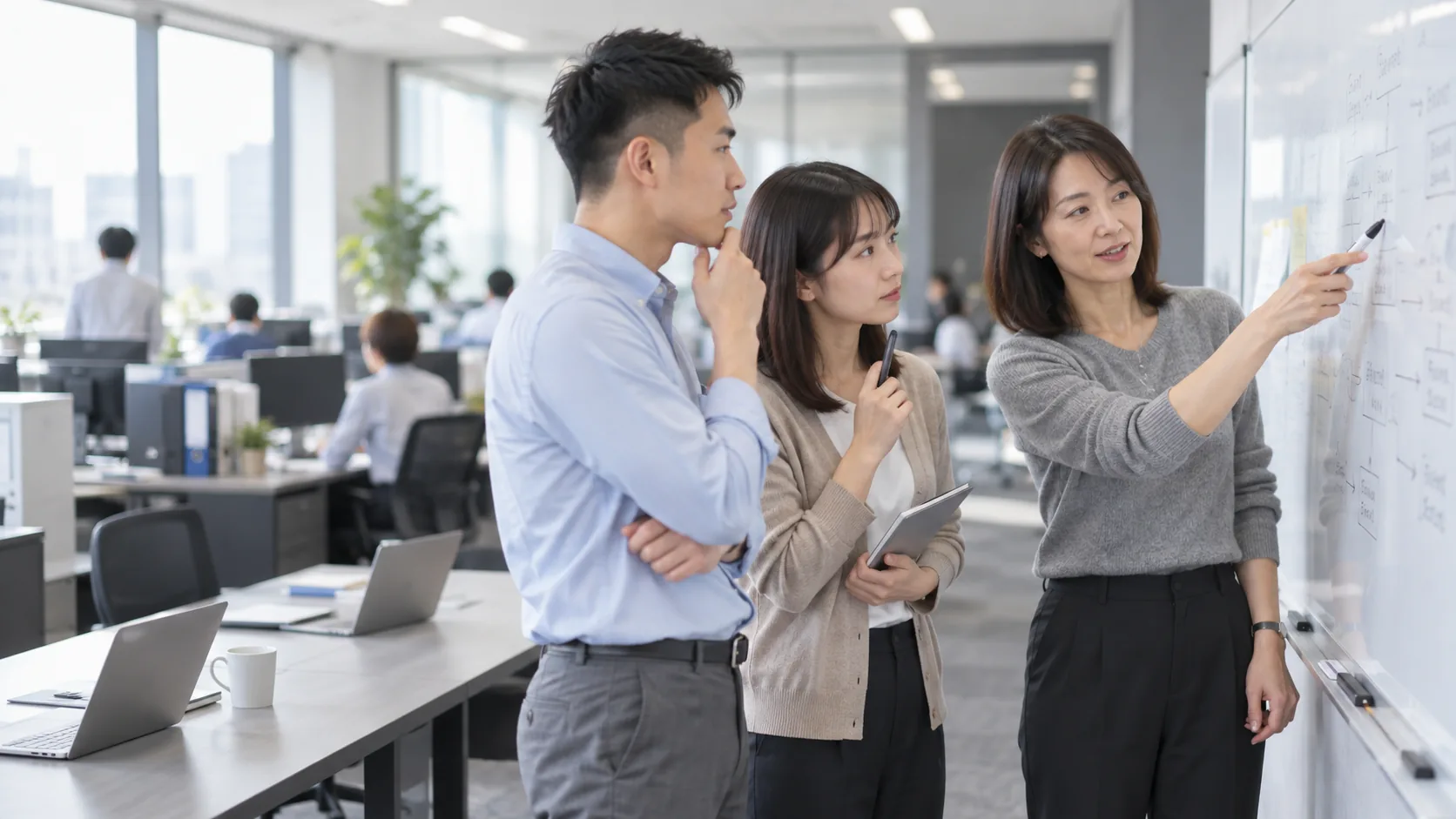 40代前半の日本人女性が要件定義の会議をしている場面