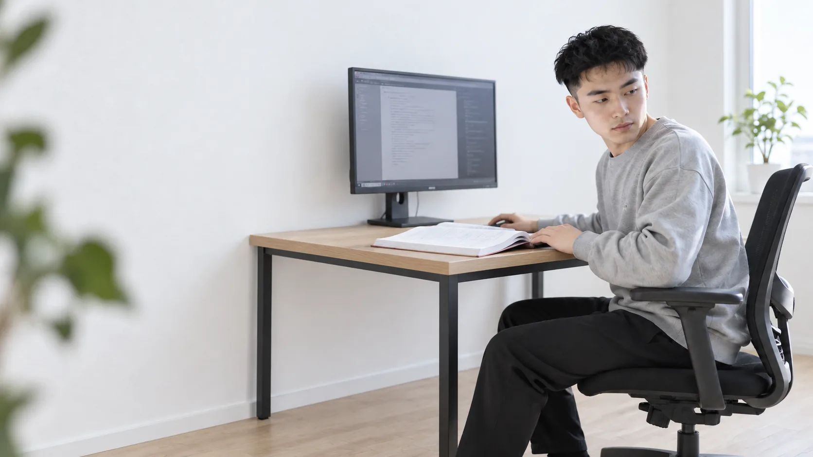 20代前半の日本人男性が在宅での仕様の確認をしている場面