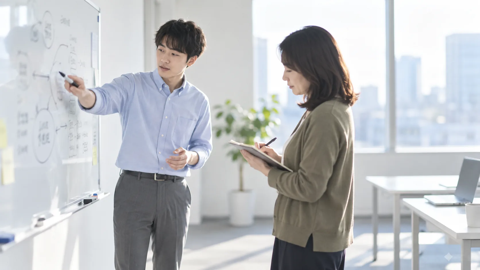 20代前半の日本人男性がホワイトボードでの説明をしている場面