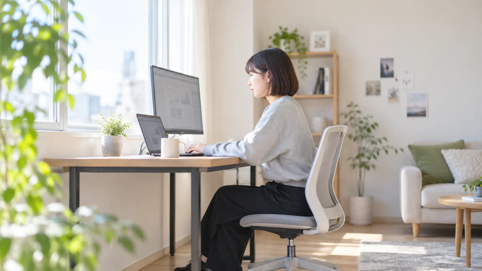 20代前半の日本人女性が在宅でのノートPCと外部モニターをしている場面