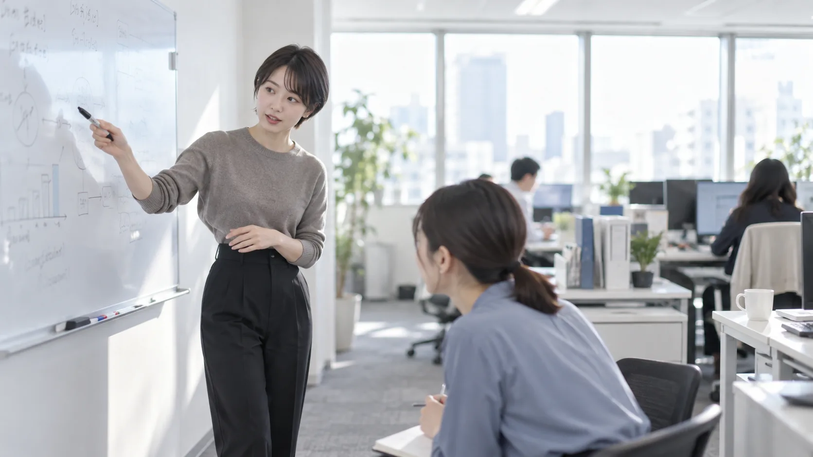 30代前半の日本人女性がホワイトボードでの説明をしている場面