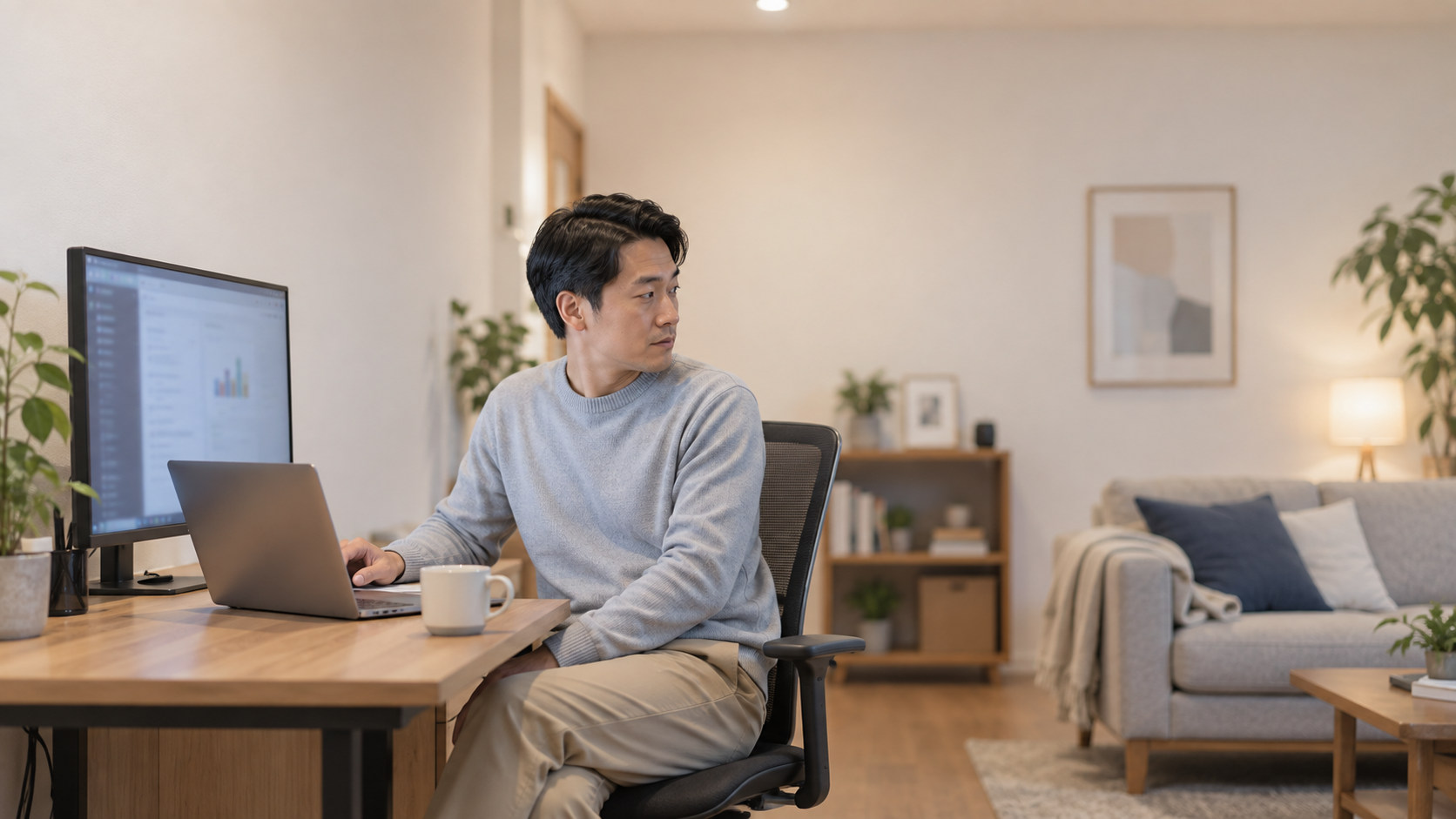 30代後半の日本人男性が在宅でのノートPCと外部モニターをしている場面